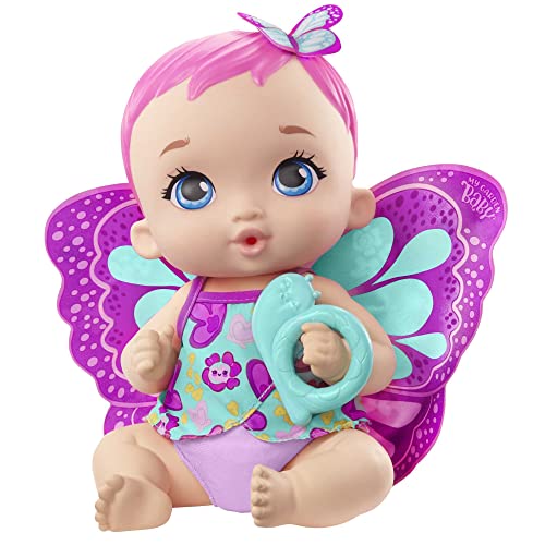 My Garden Baby poupon bébé papillon boit et fait pipi 30 cm rose avec couche, vêtements et ailes amovibles, poupée pour enfant dès 3 ans, GYP10
