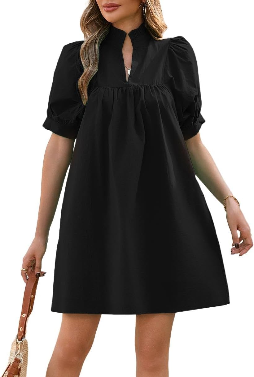 YEXPINE Women's Ruffle Collar High Neck Mini Dress Puff Short Sleeve Cotton Babydoll Peplum Dresses with Pockets