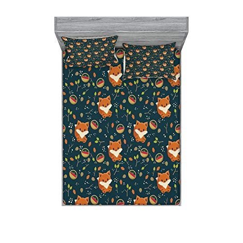 Ambesonne Pine Cone Fitted Sheet & Pillow Sham Set, Fox with Basket of Raspberry Leaf Herbs Forest Animal Cartoon, Decorative Printed 2 Piece Bedding Decor Set, King, Multicolor