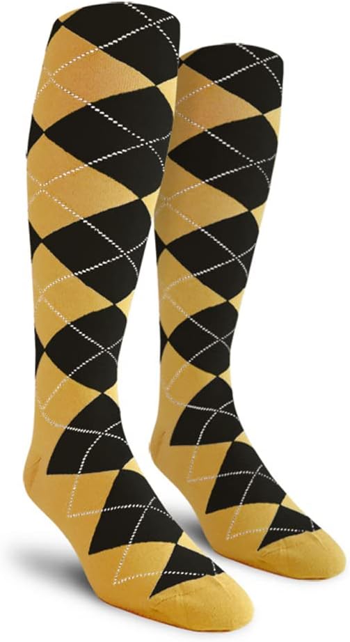 Colorful Knee High Argyle Cotton Socks For Men Women and Youth (AA-ZZ) Gold/Black 10-13