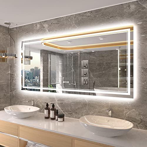 60x28 Inch LED Bathroom Mirror with Lights, RGB Color Changing Lighted Mirrors for Bathroom Wall, Dimmable, Anti-Fog,Large LED Mirror for Bathroom (RGB Multicolor Backlit+Front-Lit)