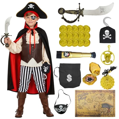 Piratenkostüm Kinder, 12 Piraten Kostüm für Junge Mädchen, Mantel Piratenhut Piratenhaken Fernrohr Piratenmesser Augenklappe Ohrringe Halskette Kompass Karte, Pirat Kostüm für Halloween Karneval