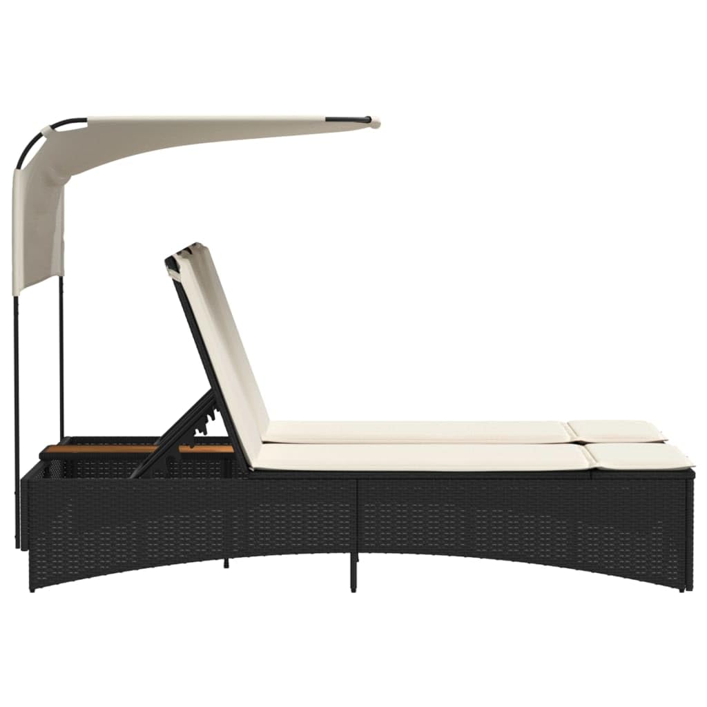 Tumbona Doble de Ratán para Jardín con Techo Solar, Cama Exterior Jardin, Tumbonas Piscina 2 Plazas, Cama Balinesa, Tumbonas Jardin Exterior, con Mesa de Centro y Almohadón Negro
