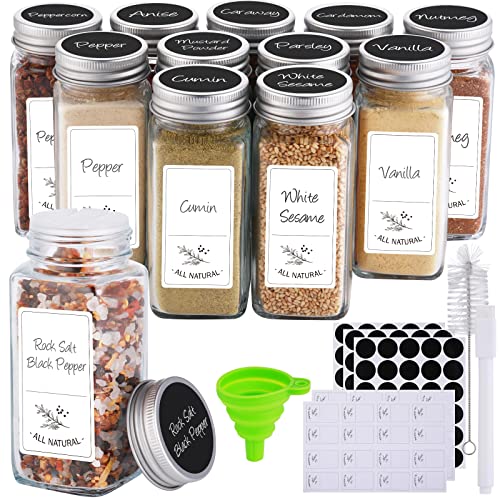 SOLEDI® Gewürzgläser 12er Set - Gewürzdosen mit 24 Streueinsatz, 52 Gewürzetiketten, Kreidestift, Silikon Trichter und Reinigungsbürste - Gewürzbehälter Luftdicht Cover