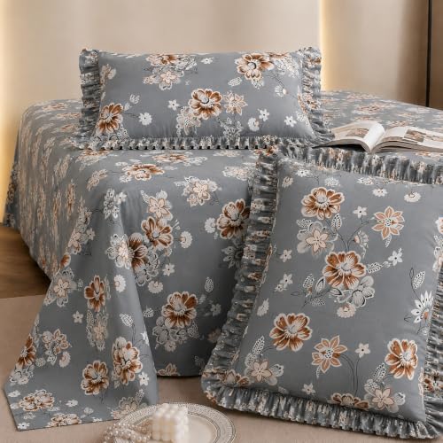 Image of Fitted Bedsheet Queen Size 300 TC Soft Cotton Feel Microfiber All Around Elastic Fitted Double Bedsheet with 2 Frill Pillow Covers | Size (60x78) Gey Flower