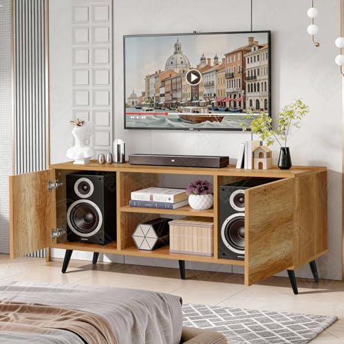 Image of ABOUT SPACE TV Unit - Engineered Wooden TV Stand Table with Bottom Open Storage, Adjustable Shelves & 2 Closed Cabinets for Set Top Box WiFi Router Stand (CM Oak - L 136 x B 40.5 x H 53 cm)
