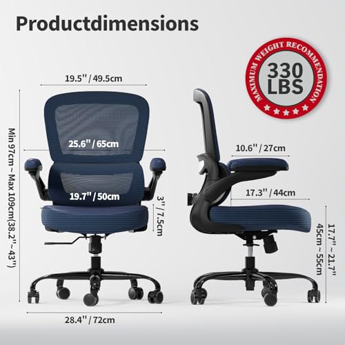 Image of TRALT Ergonomic Office Chair - Desk Chair with Adjustable Lumbar Support Computer Chair - Mesh Comfy Chair with Flip-up Armrests - Gaming Chairs for Adults Home Office (PU Leather, Navy Blue)