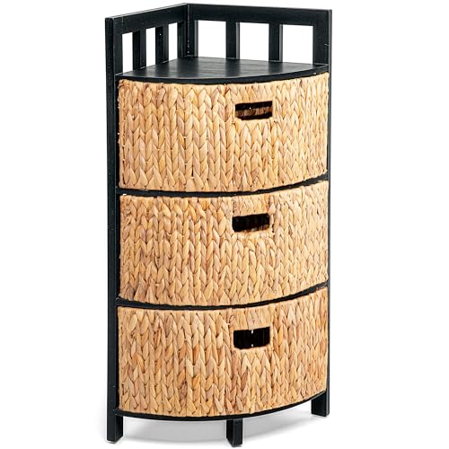 Homestead 3-Tier Corner Storage Cabinet with Water Hyacinth Baskets, Black