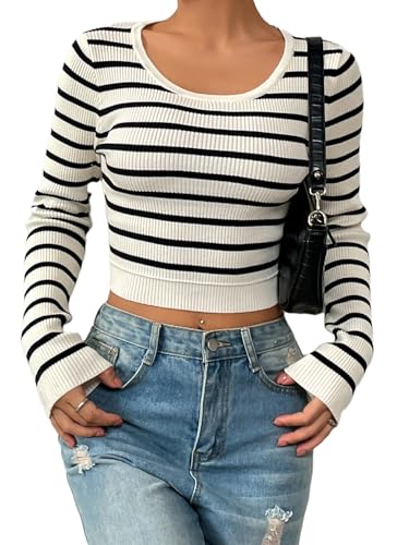 Image of Verdusa Women's Crop Sweaters Long Sleeve Scoop Neck Striped Fitted Pullover Tops Black and White Large
