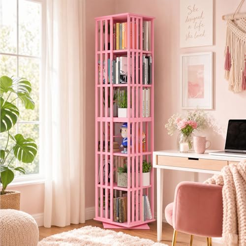 Image of Lauxery Rotating Bookshelf Tower, Pink, 6 Tier | 1200 lbs total capacity, 360 degree rotation, dual shelf heights, easy setup, for Small Space, Reading Corner