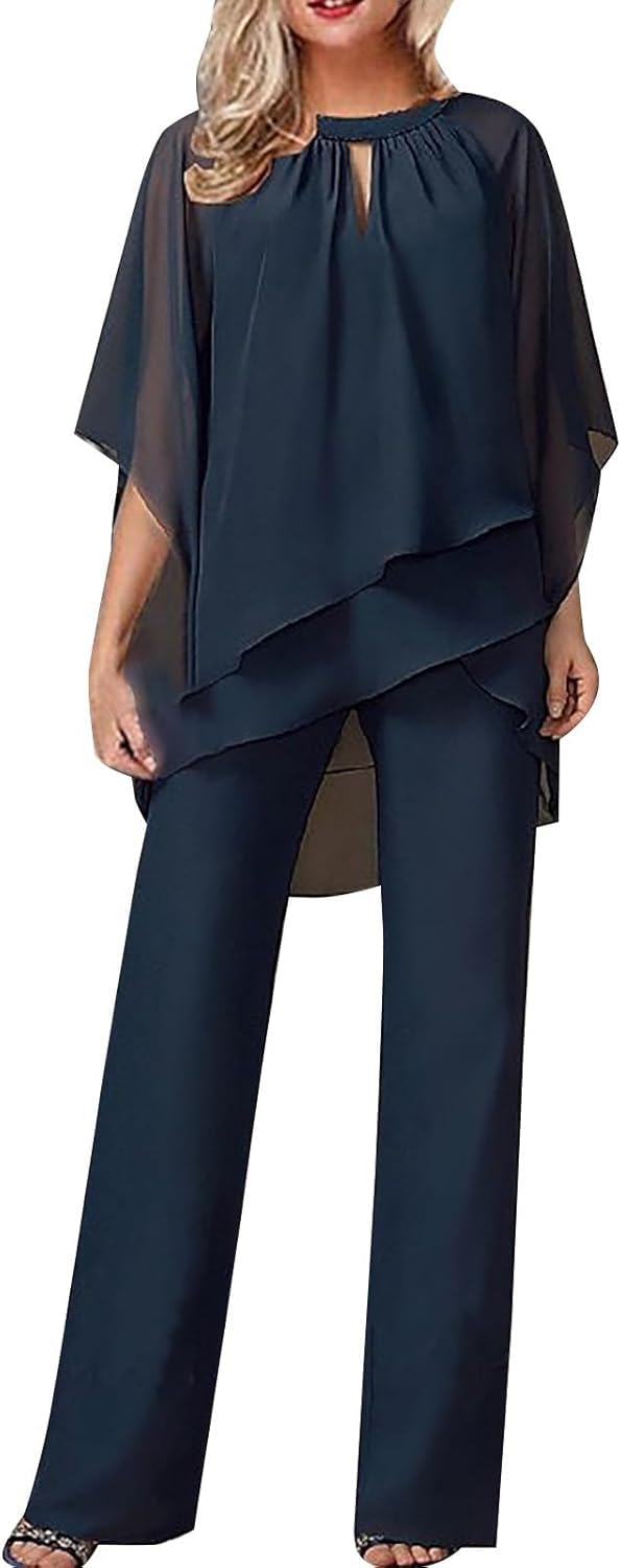 Traje de pantalón para mujer, elegante, para invitados de boda, traje formal de gasa de 2 piezas, talla grande, traje de fiesta de noche, traje de dos piezas, traje de pantalones para madre de la