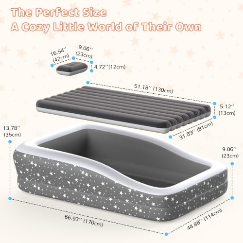 Image of Toddler Air Mattress Inflatable Kids Bed Blow Up Travel Mattress Rails Grey | 4-Sided Safety Rails, 30% Thicker Puncture-Resistant PVC, 20S Fast Inflation, Indoor & Outdoor Kids Bed with Pump & Pillow