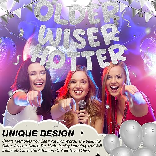 Image of Fulmoon Set of 3 Pre Strung Older Wiser Hotter Glitter Banner Funny Birthday Banner for Women 30th 40th 50th 60th 70th 80th Birthday Party Decorations Sign Gift(Silver)