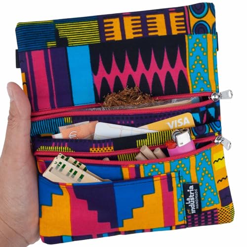 Blague à Tabac, Pochette, Portefeuille Étui avec Compartiments pour Tabac à Rouler, Feuilles, Filtres et Briquet, Cartes et Billets (Ghana)