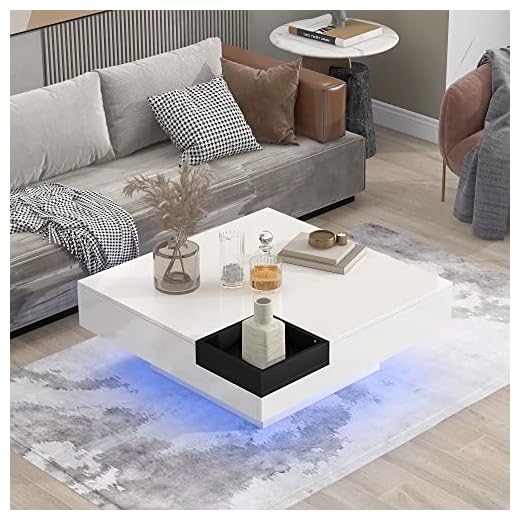 Merax Modern Minimalist Design Square Coffee Table with Detachable Tray, Plug-in 16-Color LED Strip Lights and Remote Control, for Living Room, 31.5 inch Length, White
