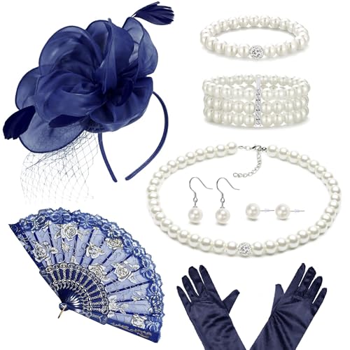 FEYIR Tea Party Costume Outfit for Women Fascinator Hats Glove Fan Pearl Set Halloween Cosplay Tea Party Accessories