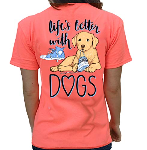 Southern Attitude Life is Better with Dogs Women's T-Shirt (Medium, Heather Coral)