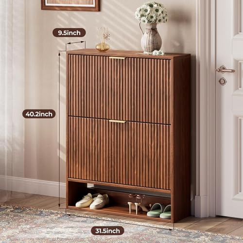 Image of Evermagin 31.5''W Walnut Shoe Cabinet Storage for Entryway, Fluted Slim Shoe Dresser with 2 Flip Drawers, Narrow Shoe Rack Cabinet, Hidden Shoe Organizer Cabinet for Entrance, Hallway