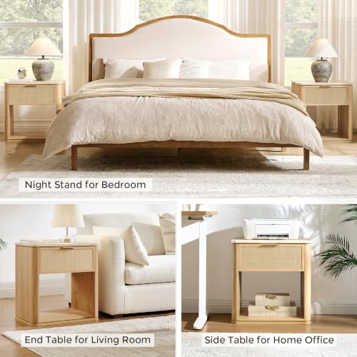 Image of Night Stand, 23.11 inch W Rattan Nightstand with 1 Drawer and Open Shelf, Faux Marble Top Bedside Table, Boho Mid Century End Table for Bedroom Living Room Sofa Office, Natural Oak [FSC Certified]