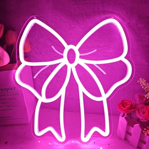 Image of Pink Bow Neon Sign Bows Neon Lights for Bedroom Dimmable Coquette Ribbon Bow Birthday Decorations Pink Wall Art Bow Wall Decor Led Sign Gifts for Girls Party