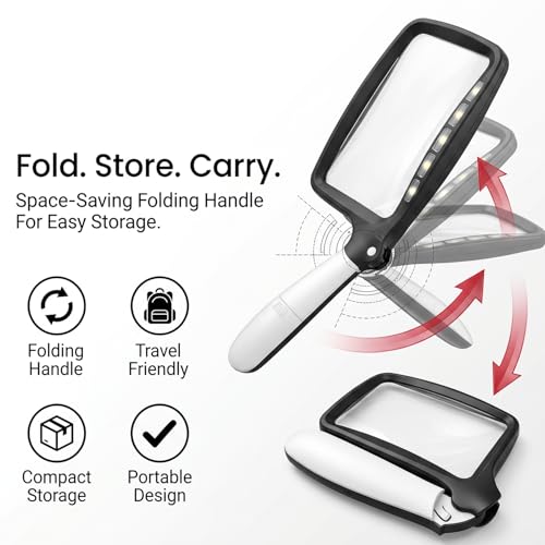 Image of 2X Rectangular Handheld Reading Magnifying Glass with Light, Folding Handle, 5 LED Lighted Magnifying Glass for Reading,Seniors, Low Vision, Macular Degeneration, Hobbyists (Black and White)