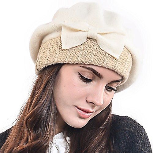 F&N STORY Lady French Beret Wool Beret Chic Beanie Winter Hat Jf-br034 (Bow Cream) F&N STORY Lady French Beret Wool Beret Chic Beanie Winter Hat Jf-br034 (Bow Cream)