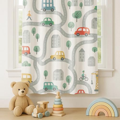 Image of STITCHNEST Velvet Kids Curtains Pack of 1 | City Road & Car Print | Semi Blackout Curtains for Nursery, Toddler Bedroom & Playroom | 7 Feet