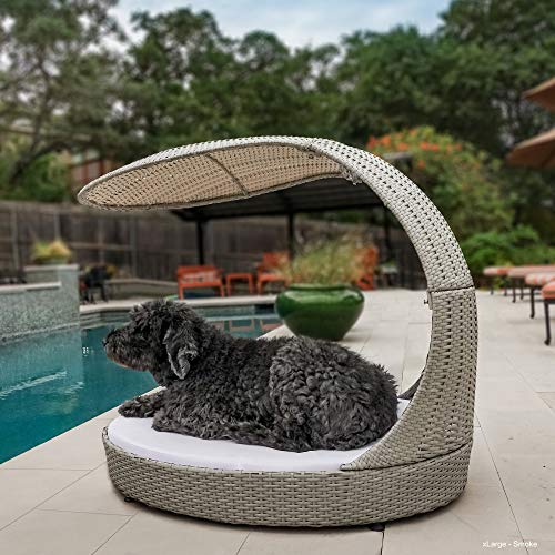 The Refined Canine Outdoor Dog Chaise Bed w/Shade Hood, Waterproof Poly
