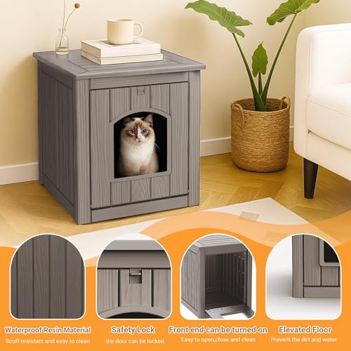 Image of Cat Litter Box Enclosure, Plastic Hidden Litter Box Side Table with Openable Front Door, Cat Box Enclosure Cabinet for Indoor & Outdoor Use, Weatherproof, Easy to Clean & Assemble, Grey