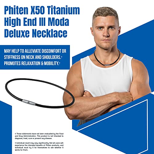 Phiten X50 Titanium High End Moda Deluxe Necklace - Faux Leather Necklace Cord with X50 Aqua-Titanium - Elastomer Core with Micro Titanium Spheres and Stainless Steel Clasp - Black, 20 Inch2