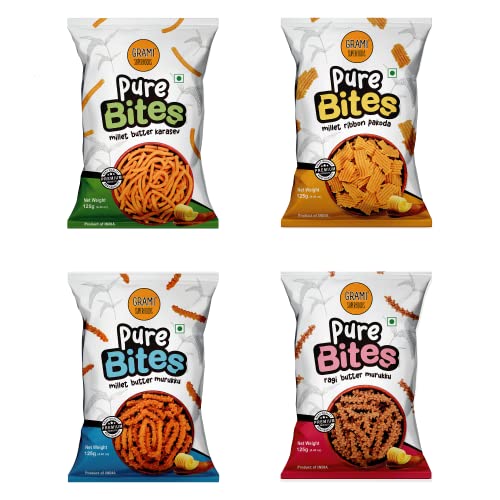 Grami Superfoods Pure Bites Assorted Snack Pack of 4 (500g): Millet Butter Murukku / Chakli, Millet Ribbon Pakoda, Ragi Butter Murukku/Chakli, & Millet Butter Karasev - Healthy Indian Snacks | Millet Snacks | No Maida | No Preservative | High Protein & Fiber Snack | Low GI | Healthy Namkeen for Kids & Adults |Weight Loss Namkeen |Sugar Free | Diabetic Friendly Namkeen