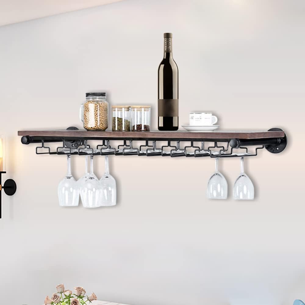 36"Wall Wine Glass Holder Hanging Stemware Racks Wine Rack Floating Shelf Holds 24 Glasses,Wood Wall Bar Shelves Wine Bottle Wine Glass Storage Rack Display Organizer Industrial Pipe Shelving