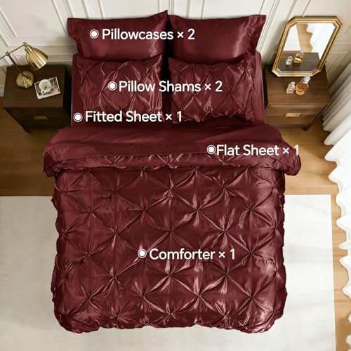 Image of BEDELITE Satin Comforter Set Queen Size, 7 Pieces Pintuck Bed in A Bag with Comforter, Flat Sheet, Fitted Sheet, Pillowcases, Shams, Soft Cozy Similar to Silk Bed Set for All Seasons (Burgundy)