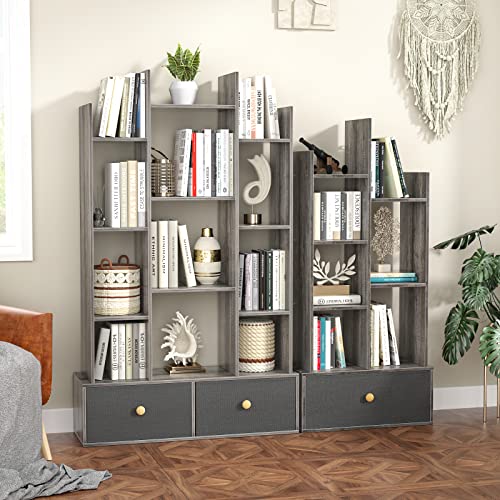 Unikito Book Shelf With 2 Drawers Free Standing Bookcase, Office Storage Shelf Organizer With 12 Open Bookshelf, Industrial Wood Book Case Display Rack For Bedroom, Living Room Home Office, Gray Oak #TOP3