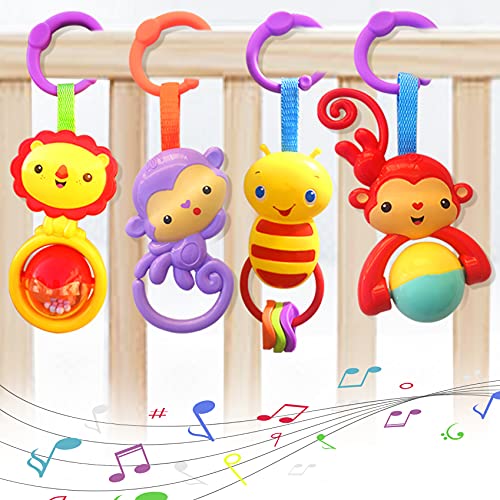 Image of YUNLOVXEE Baby Toys, Cartoon Animal Hanging Rattle Toys, Handbells Baby Rattles, Baby Bed Crib Car Seat Travel Stroller Toys for Infant, Best Birthday Gift for Newborn, 4 Pack