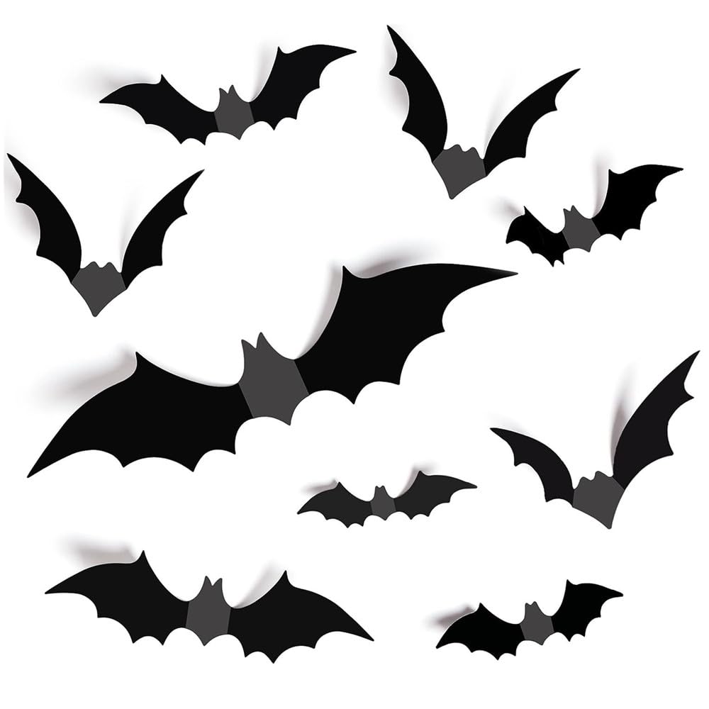 Trixes Black 3D Bat Wall Stickers – 56Pc Halloween Decorations – Assorted Sizes – Adhesive Pads Included – Bats For Decorative Purposes - Trick Or Treat