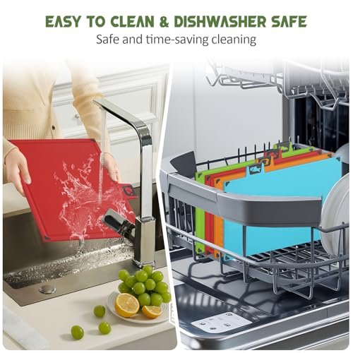 IAGORYUE 4 Colour Coded Chopping Board Set | BPA Free Thick Plastic Chopping Boards with Stand | Kitchen Cutting Boards Dishwasher Safe with Non Slip Feet & Juice Groove for Vegetables/Meat/Fish/Bread - Image 6