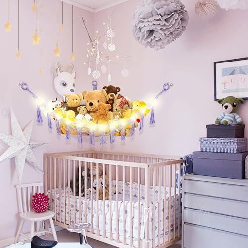 Image of CERETIA Stuffed Animal Hammock with LED Light, Large Stuffed Animals Storage Corner Plushie Net for Kids Room Decor, 2 Packs Purple