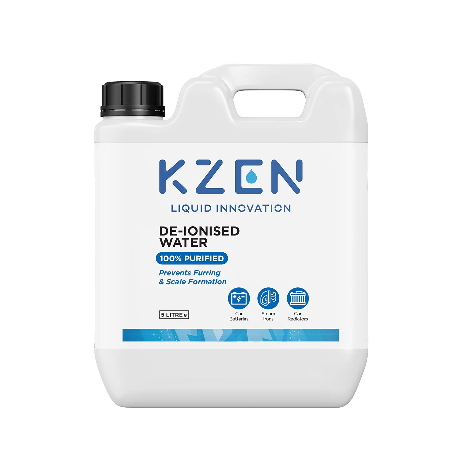 KZEN De-Ionised 5 Litre Water - 100% Purified - Protect & Maintain Household Appliances - For Steam Irons, Battery Top Up, Car Radiators, Cleaning
