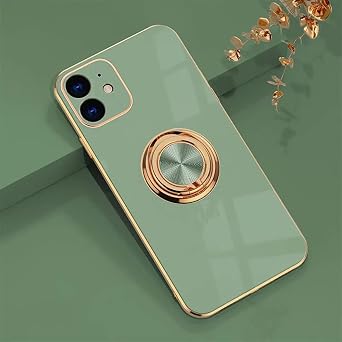 for iPhone 12 Ring Holder Case 360 Degree Rotation Kickstand Girly Case Shiny Glitter Plating Rose Gold Edge Work with Magnetic Car Mount Slim Soft Tup Case for Women Girls