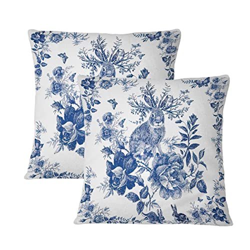 Blue And White Porcelain Pillow Covers Set Of 2 Floral Chinoiserie Rabbit Pattern Farmhouse Decorative French Country Style Cushion Pillowcases For Bedroom Living Room Sofa, 18X18 Inch #TOP1