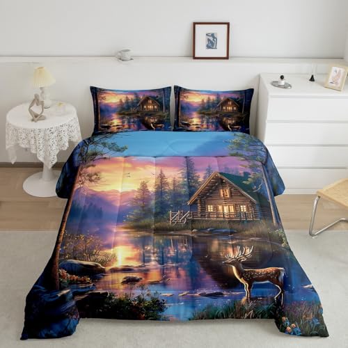 Homewish Hunting Lodge Full Size Comforter Set,Wild Deer Animal Hunt