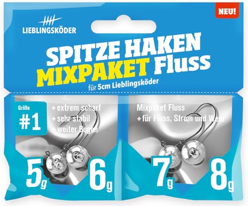 Lieblingsköder Spitze Haken Gr. 1 Mixpaket - 4 Jigköpfe, Ausführung:Mixpaket Fluss / 5g. 6g. 7g. 8g