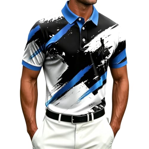 Image of Cocila Polo Shirts for Men UK Golf Print T Shirts Summer Short Sleeve Regular Casual Mens Tops Work Running Breathable Shirt Black XXL