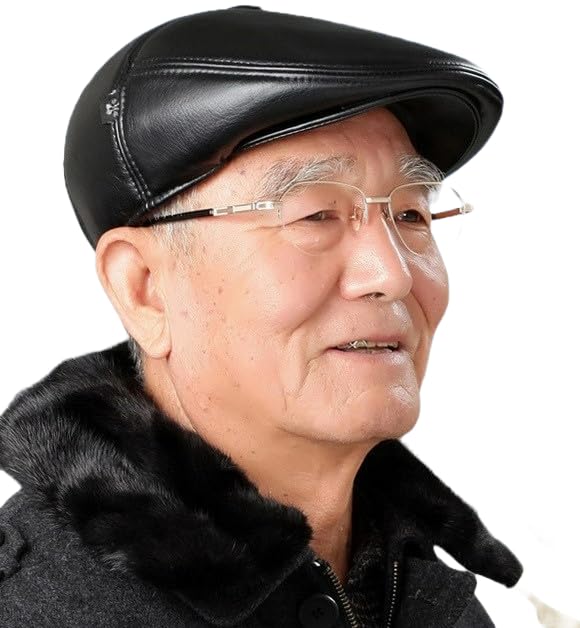 Men's Synthetic Leather Golf Cap with Attached Foldable Earflap & Buttoned Brim Black-image-4