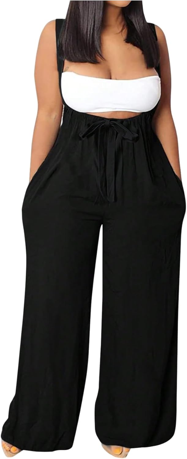 WDIRARA Women's Plus Size Tie Front Cami Jumpsuit Wide Leg Pants Romper Sexy Overalls with Pockets