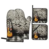 Oven Mitts and Pot Holders Sets of 4 Rock Music Guitar Polyester Oven Mitts with Oven Gloves and Hot