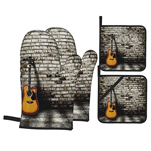 Oven Mitts And Pot Holders Sets Of 4 Rock Music Guitar Polyester Oven Mitts With Oven Gloves And Hot Pads Potholders For Kitchen Bbq #TOP6