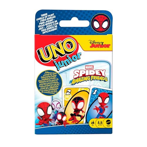 Mattel Games UNO Junior Spidey et ses amis extraordinaires, jeu de cartes pour enfants, soirées en famille et fêtes, de 2 à 4 joueurs, dès 3 ans, JND89