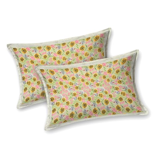 Image of BLOCKS OF INDIA Hand Block Printed 200 TC Cotton King Size Bedsheet (Green GAD Buti)